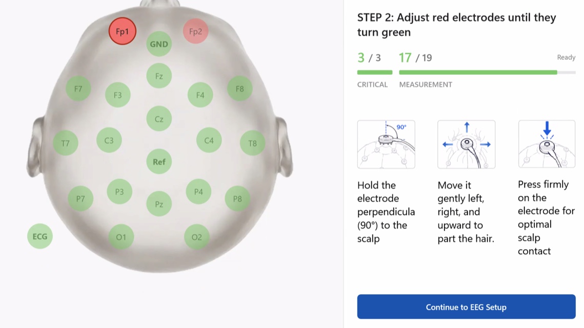 Brainify.AI tablet software guiding electrode quality checks before acquisition
