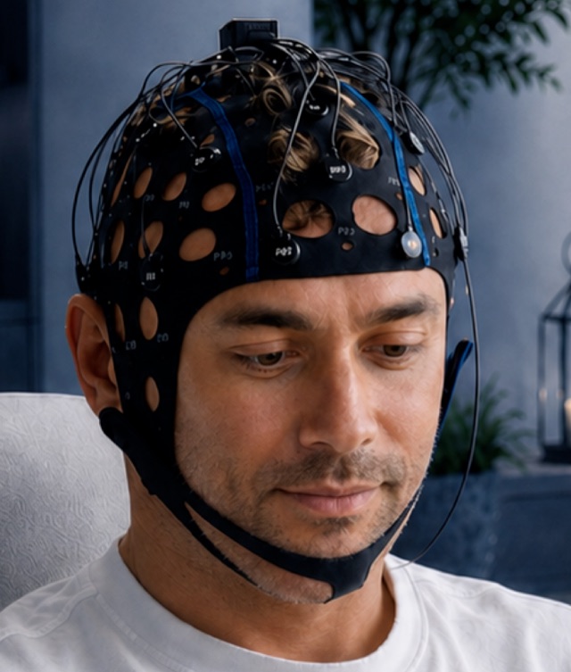 Client wearing the Brainify brain-wave (EEG) cap during the 10-minute assessment