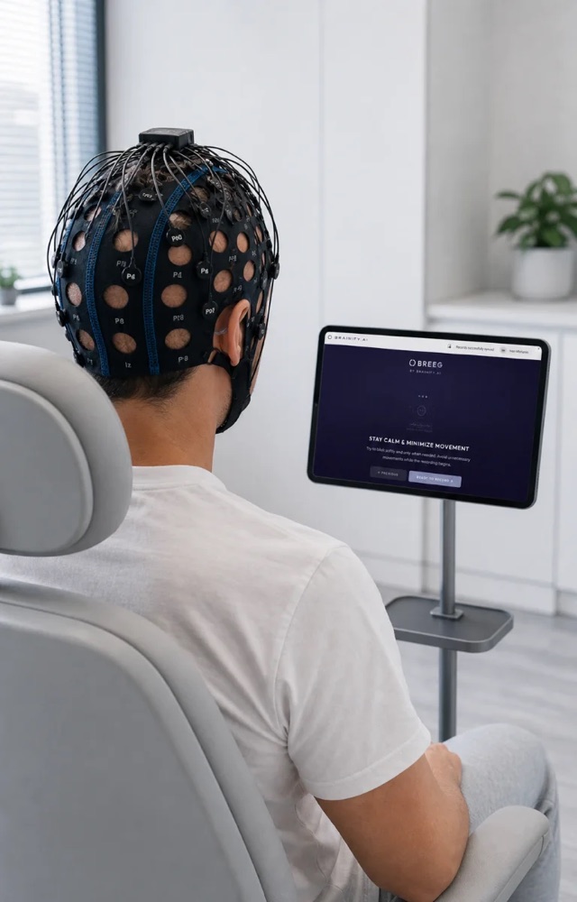 Client in a guided neurofeedback session using the Brainify cap