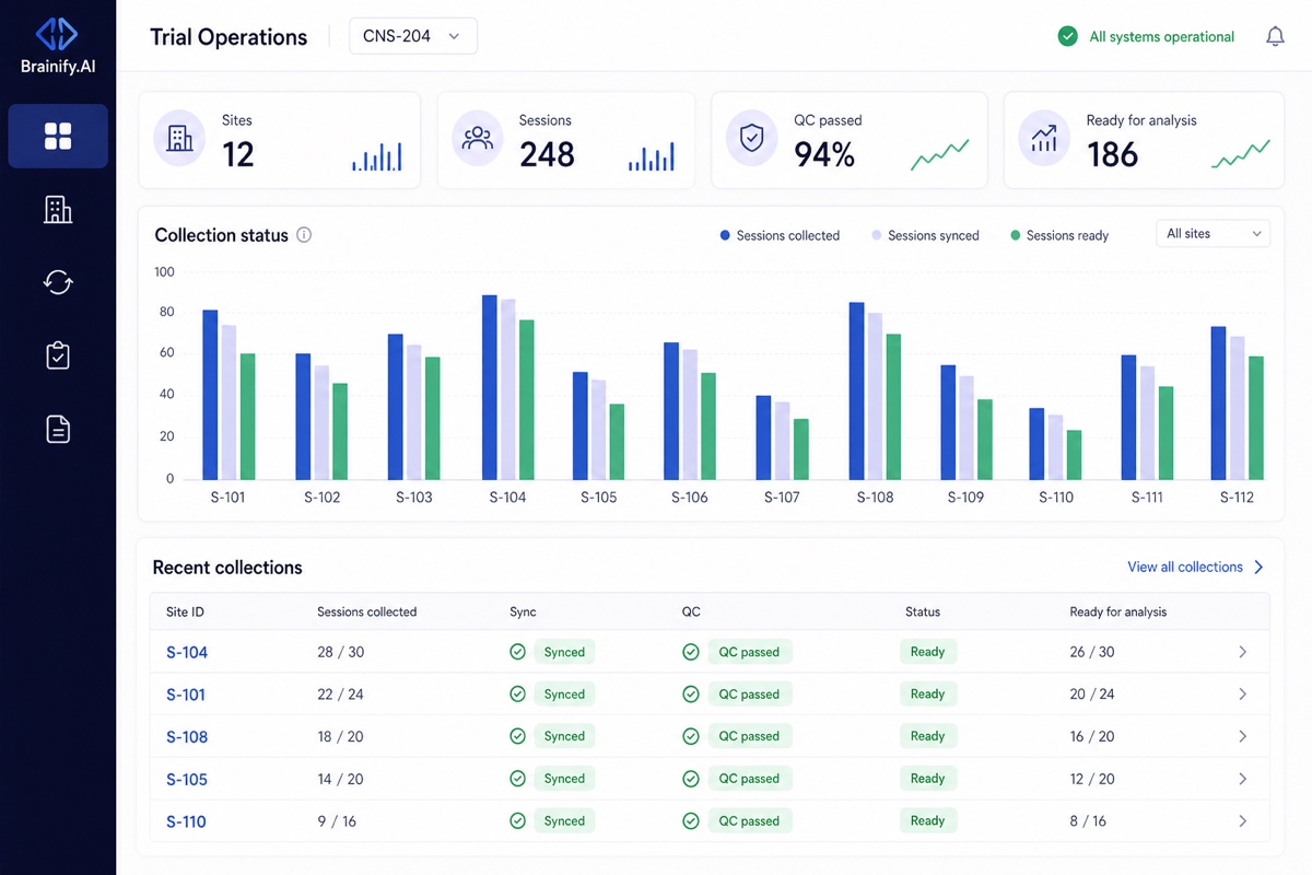 Brainify.AI user portal showing collection status, synchronization, quality control, and available outputs